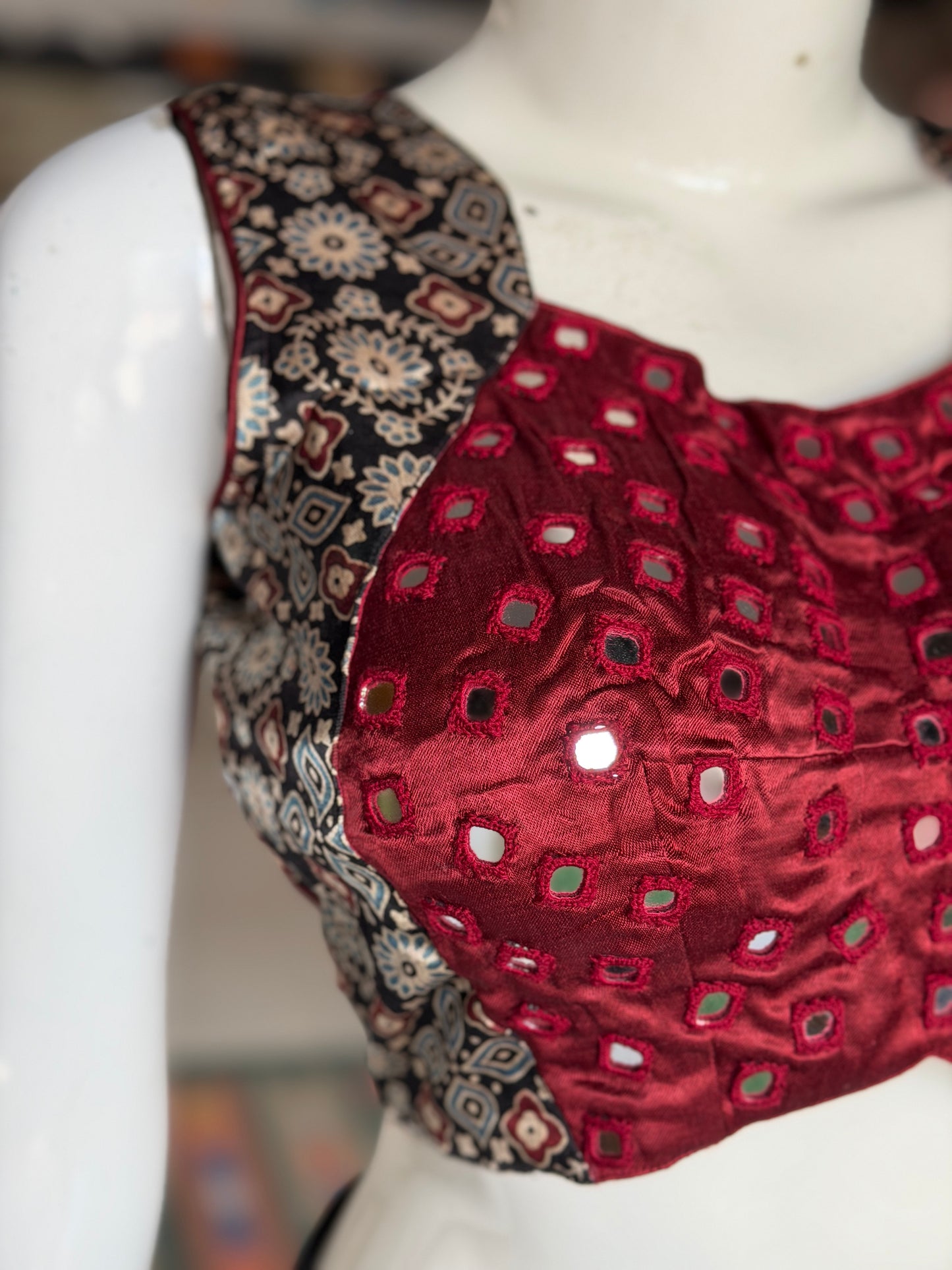 Ajrakh handblock printed Mashru sleeveless blouse with mirror embroidery - click to see colors