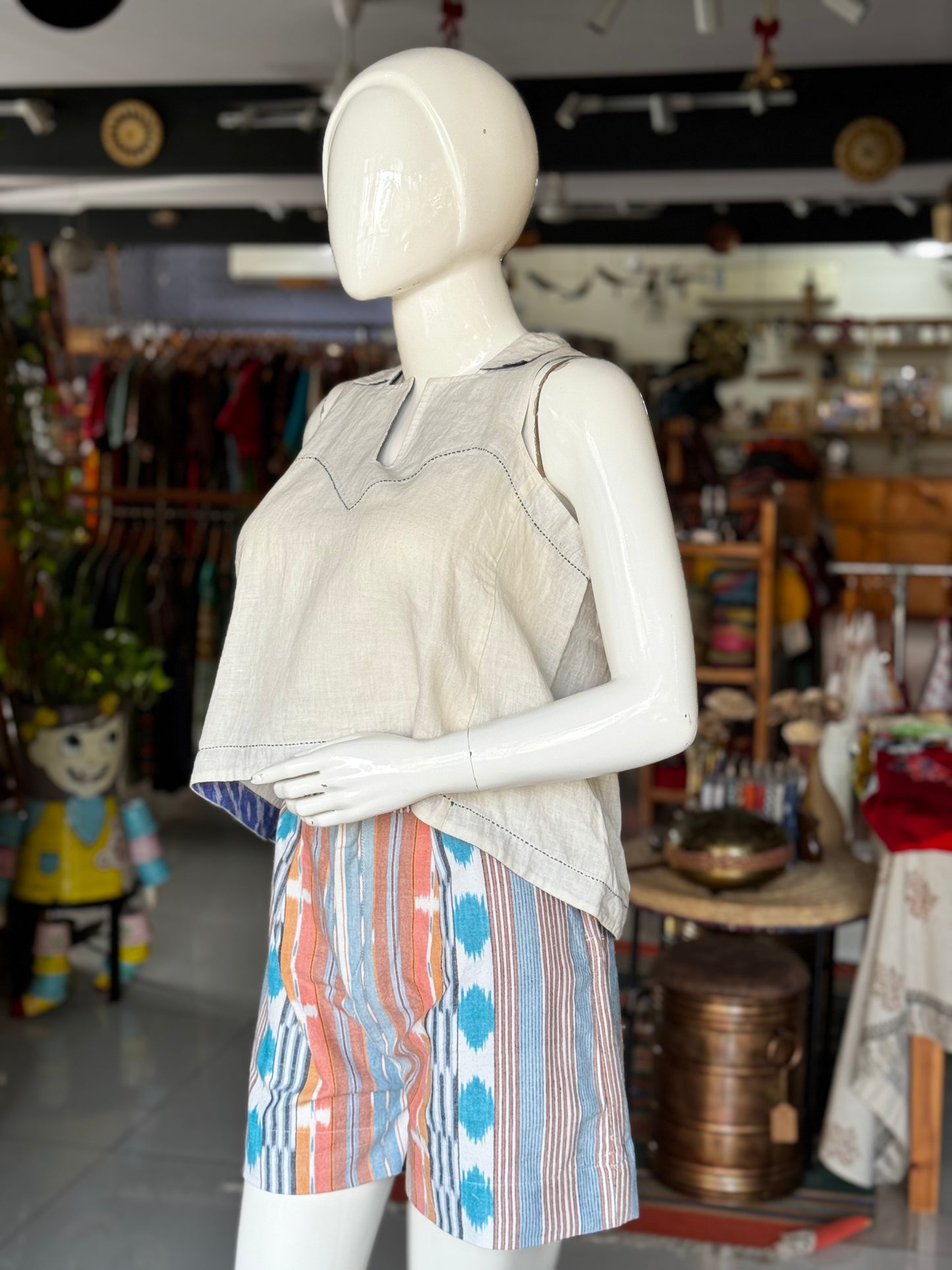 White n blue thick handwoven ikat Cotton shorts