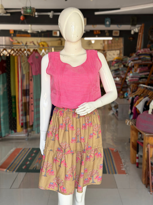 Knee length elephants and tree digital print Olive green skirt