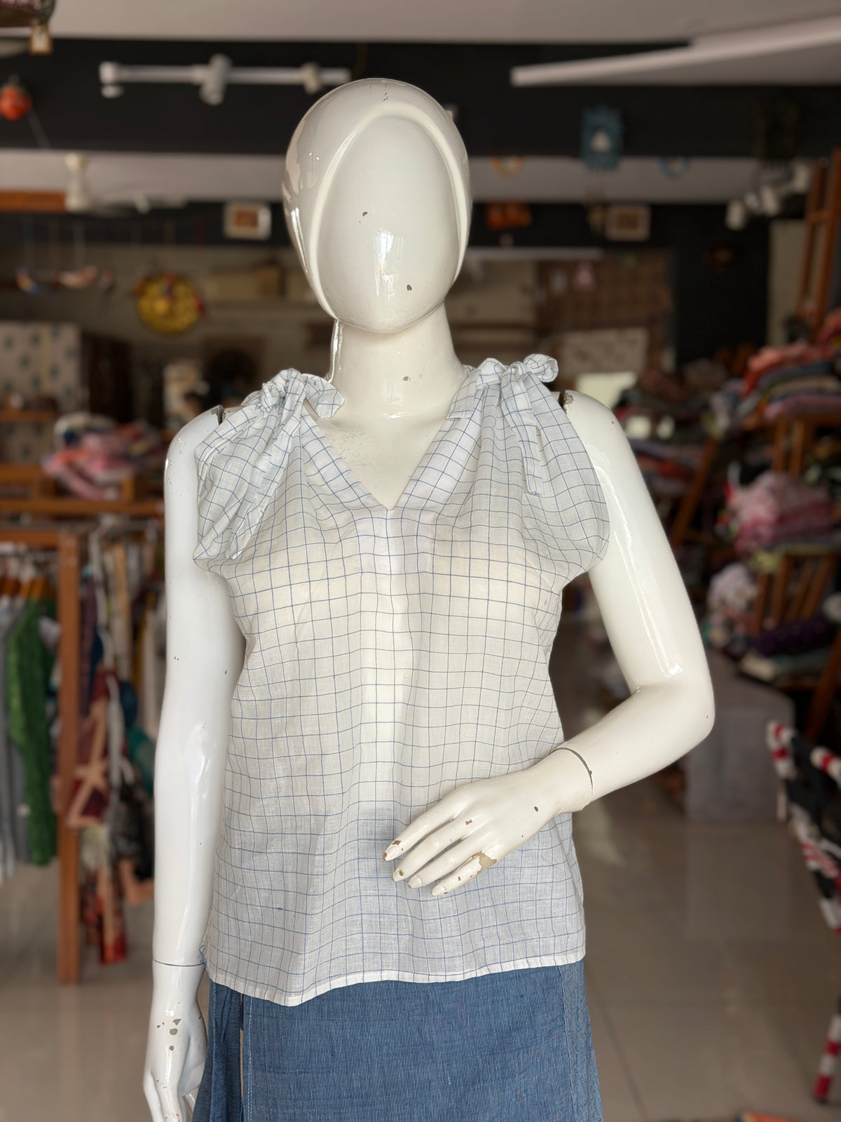 Sleeves tie - White and blue checks soft cotton handloom top