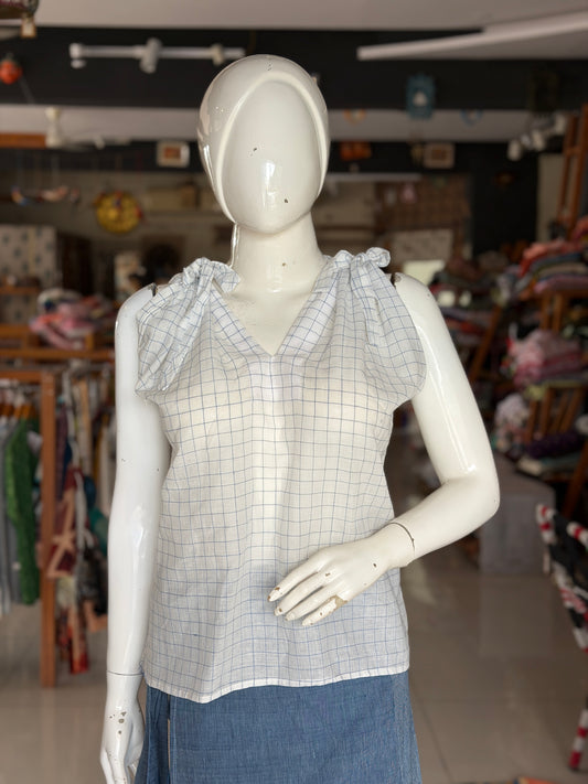 Sleeves tie - White and blue checks soft cotton handloom top