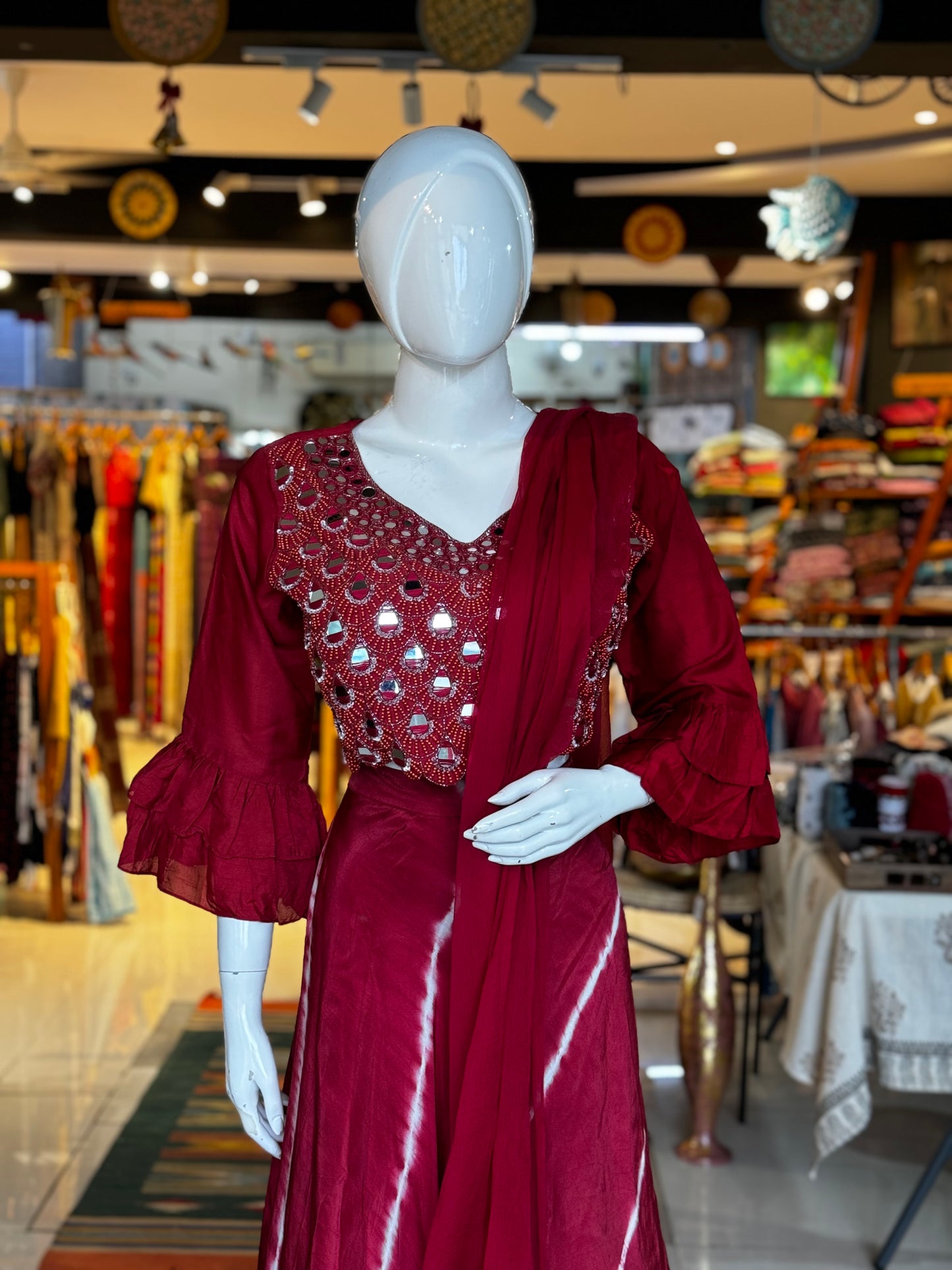 Maroon lehariya print lehenga, mirror embroidered crop top and dupatta - 3 piece set