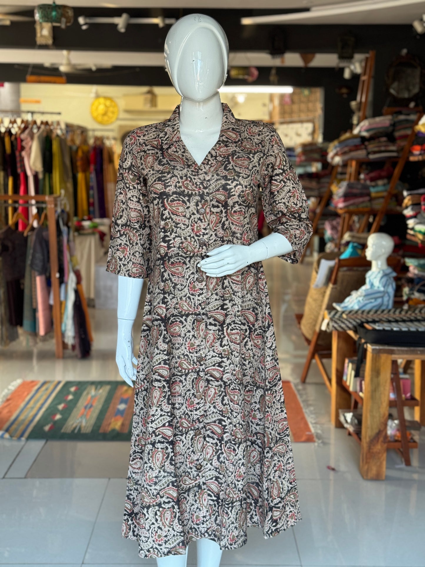 Kalamkari hand block printed collared dress -  Freedom fabric kurti - Hand spun, hand woven, hand block printed cotton