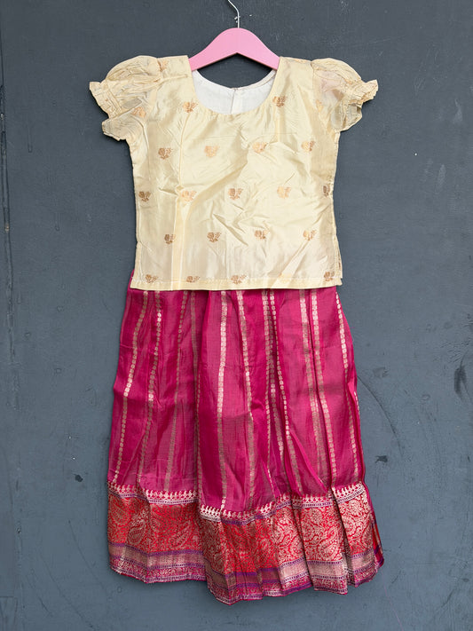 Pink with Zari stripes and cream blouse handwoven pure silk lehenga (pattu langa jacket) blouse set