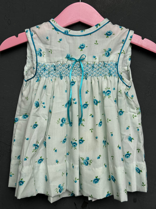 Off white turquoise floral sleevelesss smocking frock