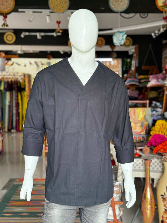 Black V neck linen cotton designer kurta for men