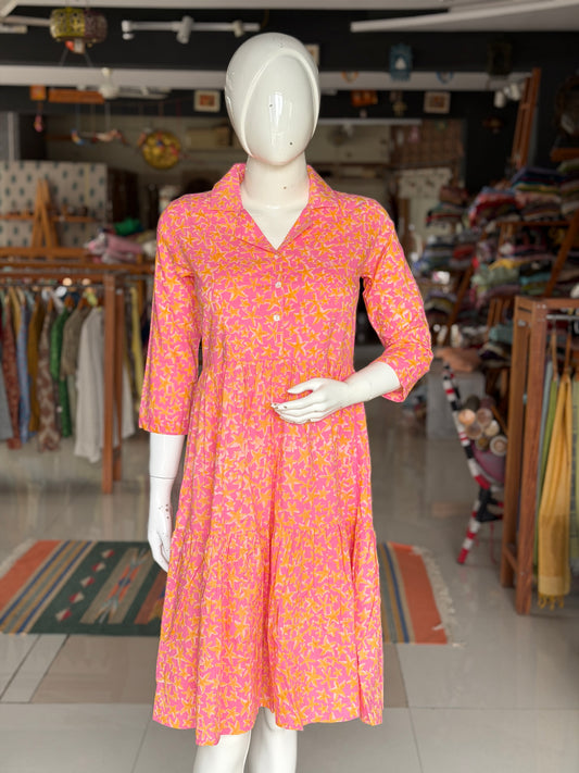Pink and yellow floral hand block printed cotton collared tiered dress