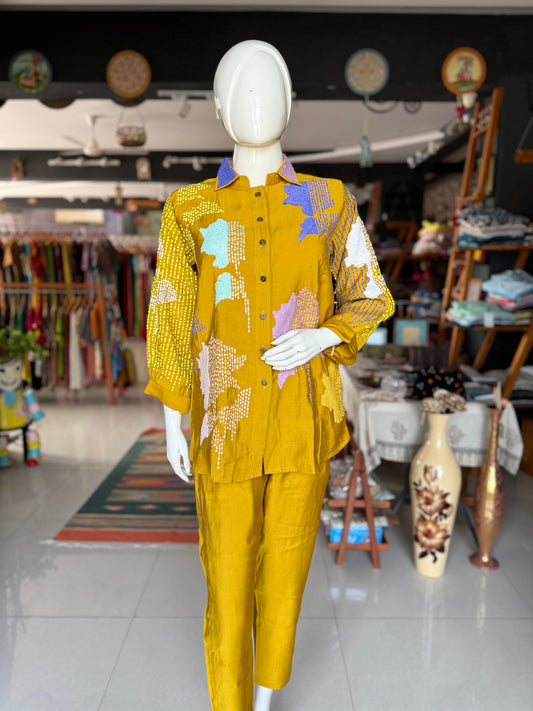 Yellow silk cotton embroidered collared top and pants party wear coord set