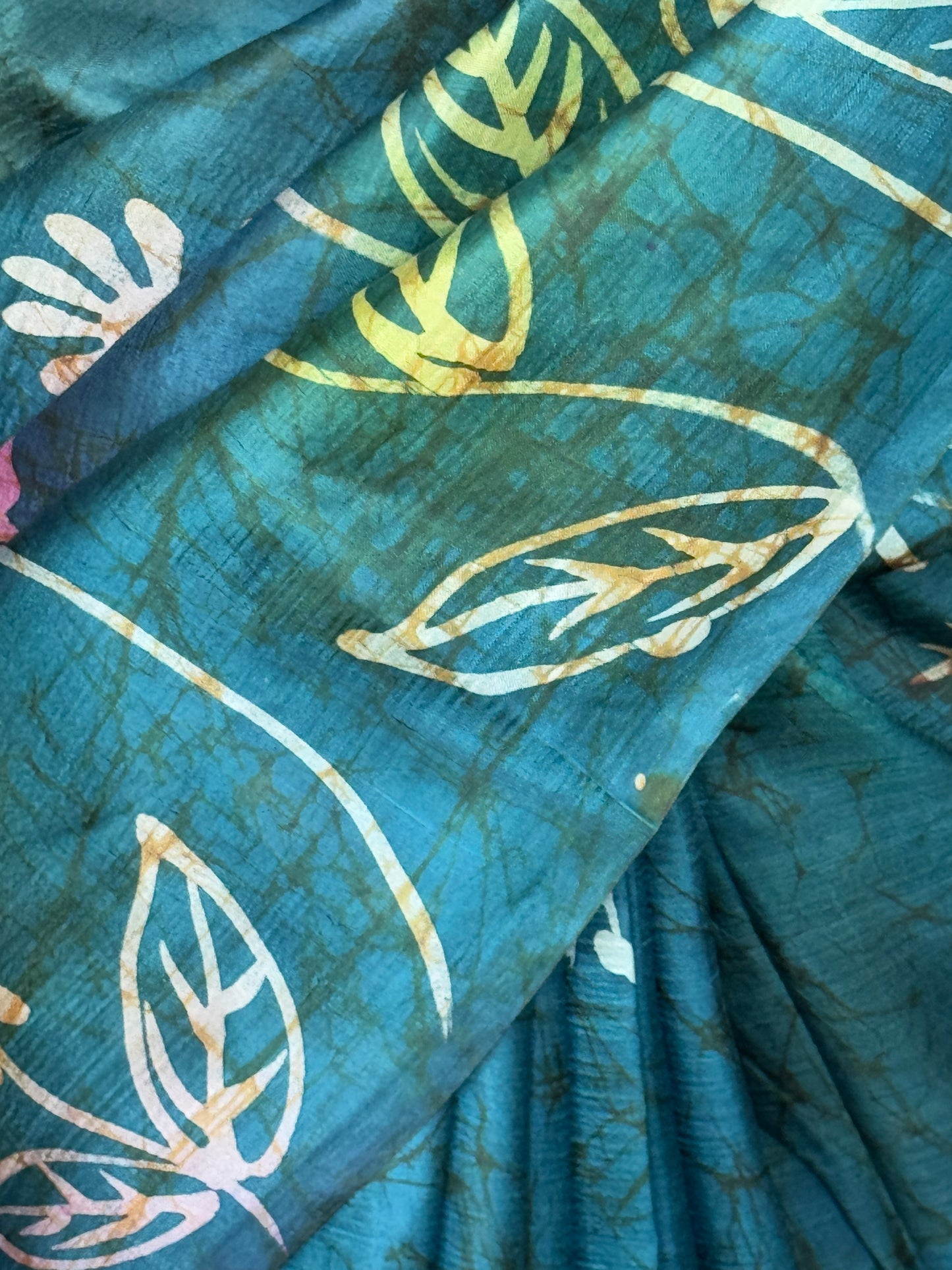 Teal blue hand painted Batik floral pure katan silk saree