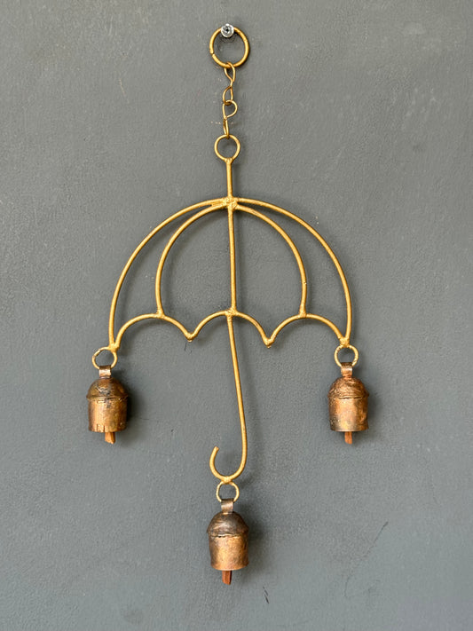 Umbrella handcrafted copper bell hanging with 3 bells