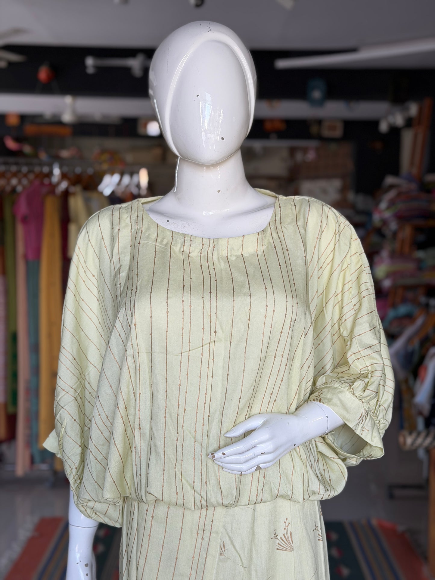 Yellow with golden stripes shoulder sleeves top with blue green lines - elastic hem