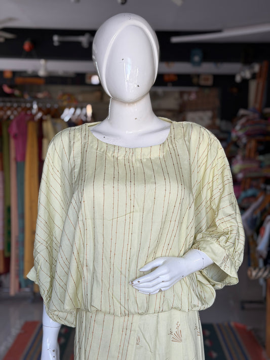 Yellow with golden stripes shoulder sleeves top with blue green lines - elastic hem