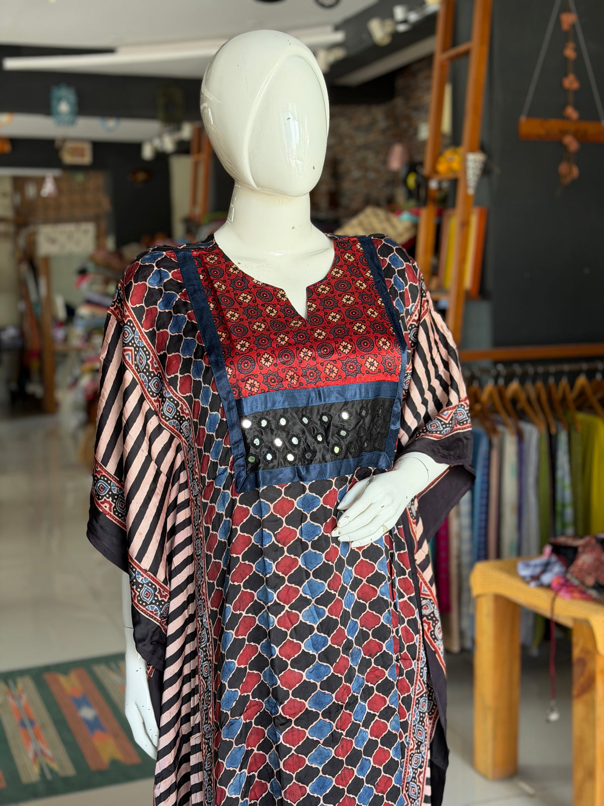 Ajrakh modal free size kaftan with mirror embroidery and patch work yoke