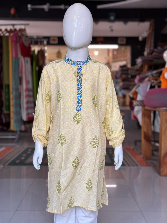 Light Yellow with leaves handblock printed, embroidered cotton long kurta for boys