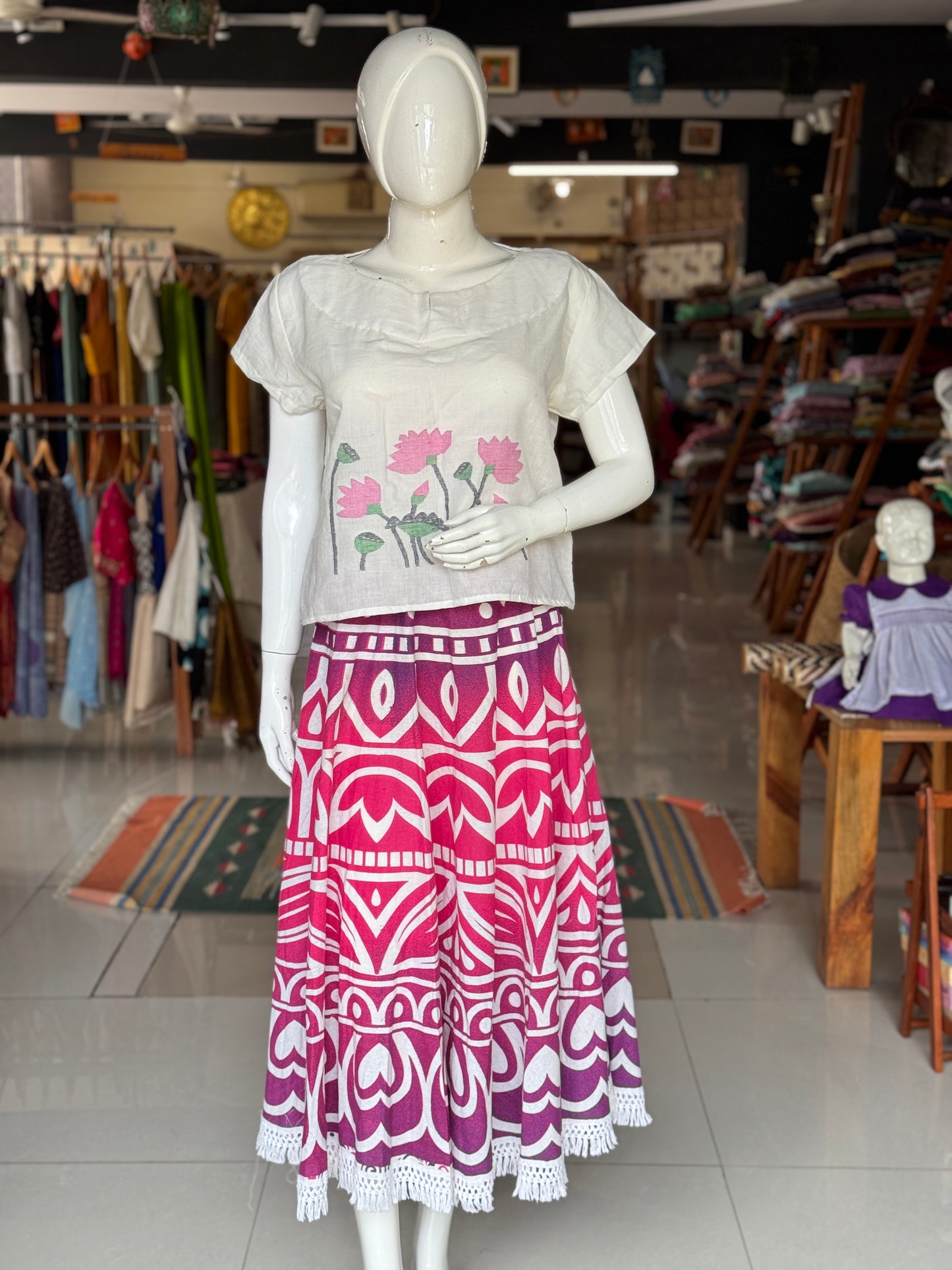 Pink purple flared umbrella skirt with lace - free  size