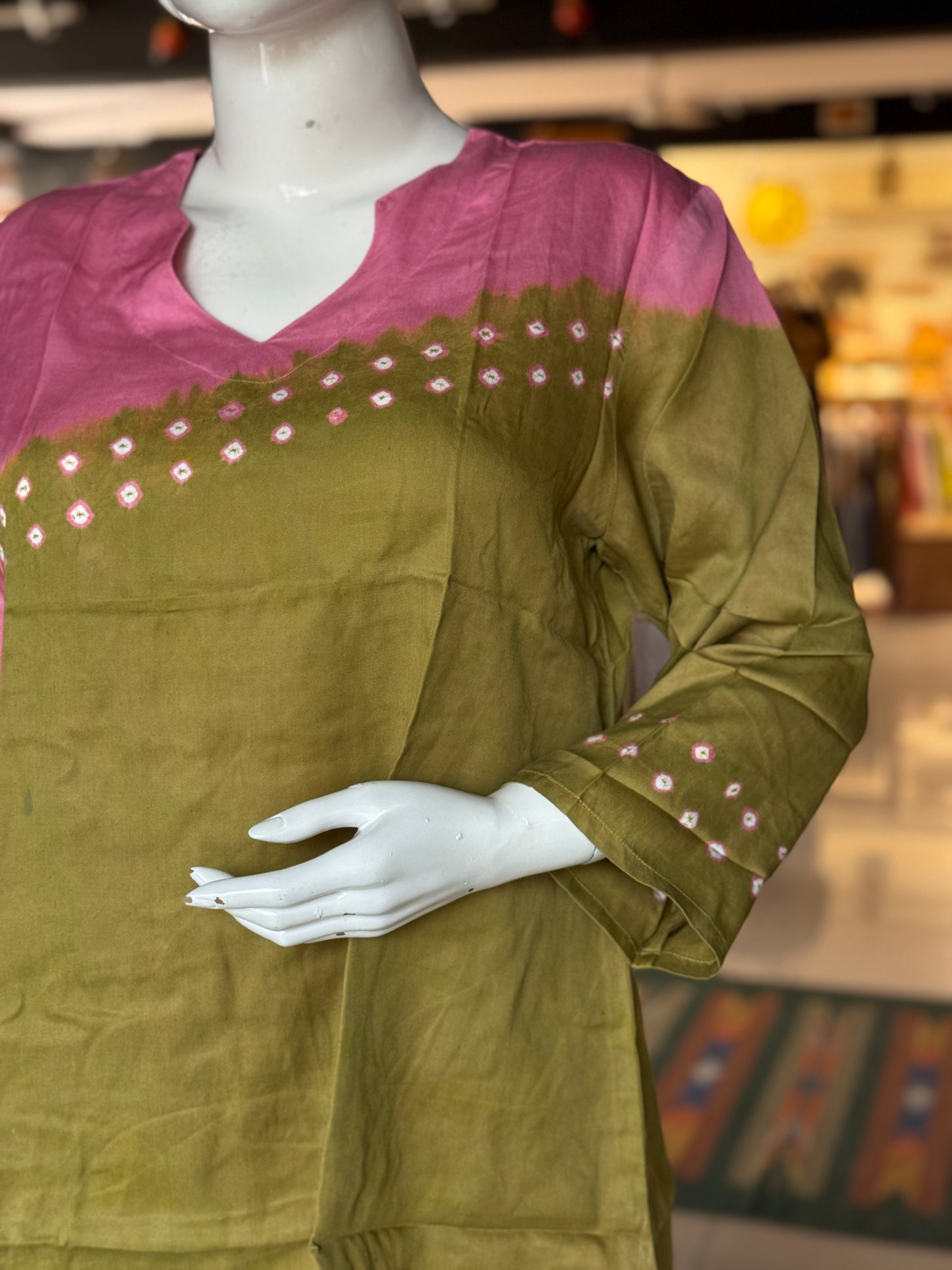 Placement bandini 3/4th sleeves tie n dye cotton tunic top / short kurti - multiple colors n designs available