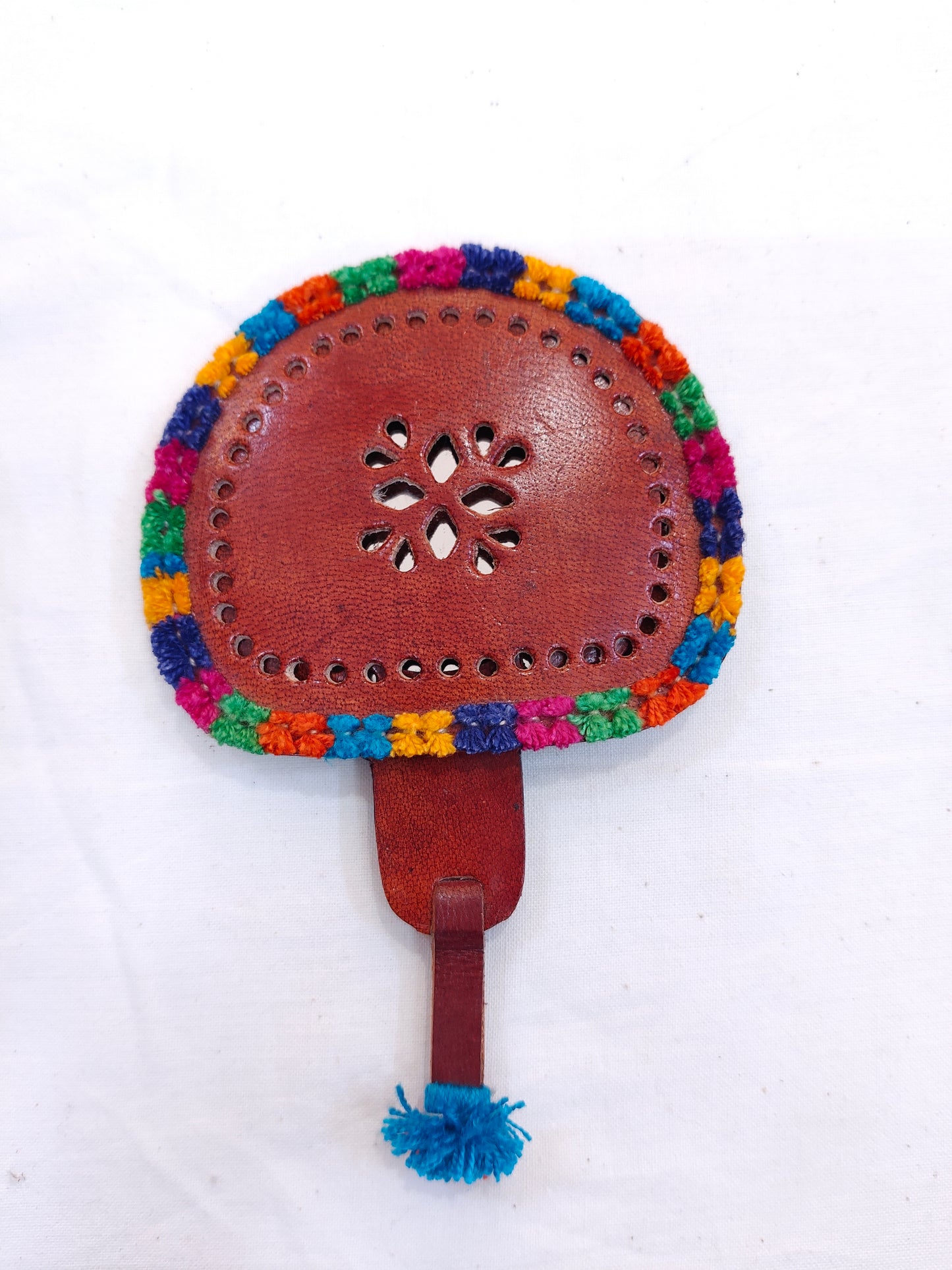 Mirror in hand crafted leather cover with handle - carry along in your hand bag