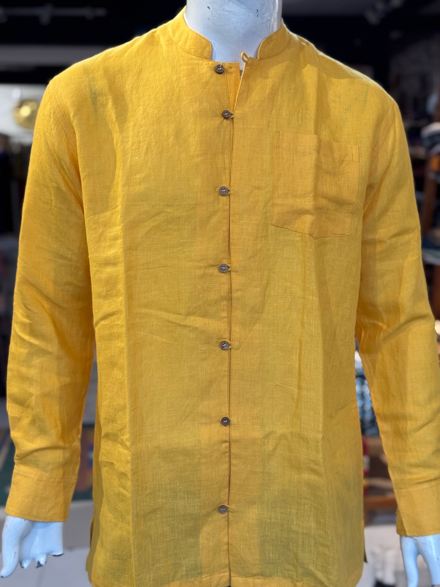 Bright yellow handwoven linen band collared shirt for men