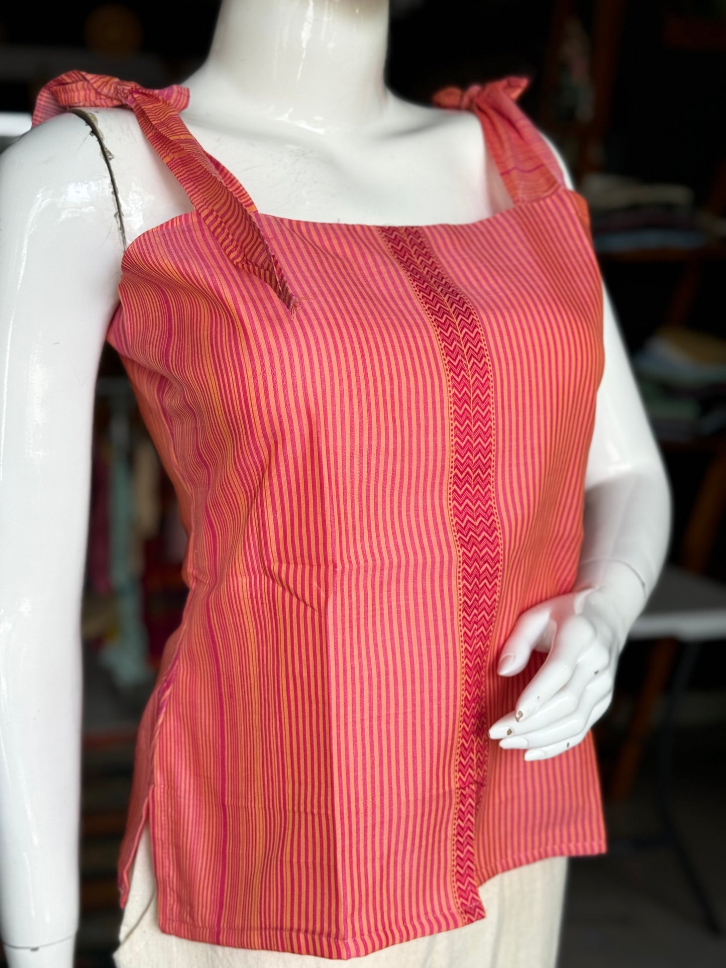 Pink n yellow irregular stripes handwoven Maheshwari cotton spaghetti tie up top