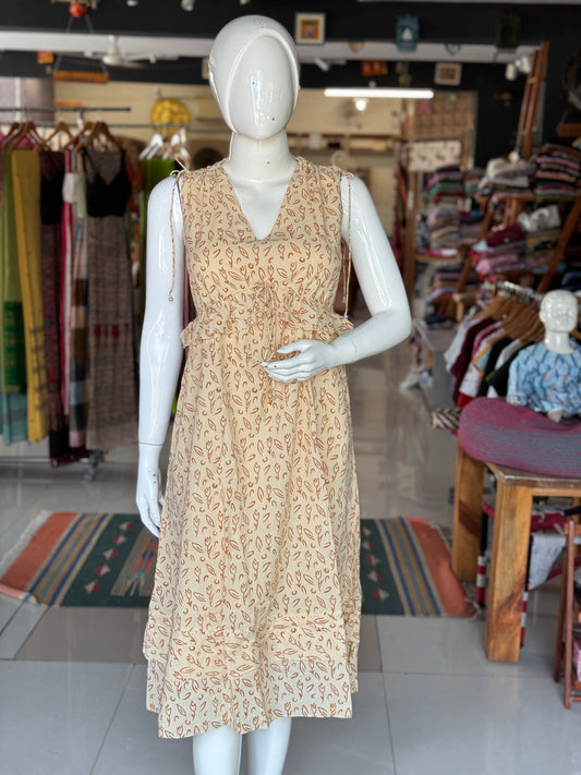 Caramel cotton hand block printed dress with 2 piece coord set look