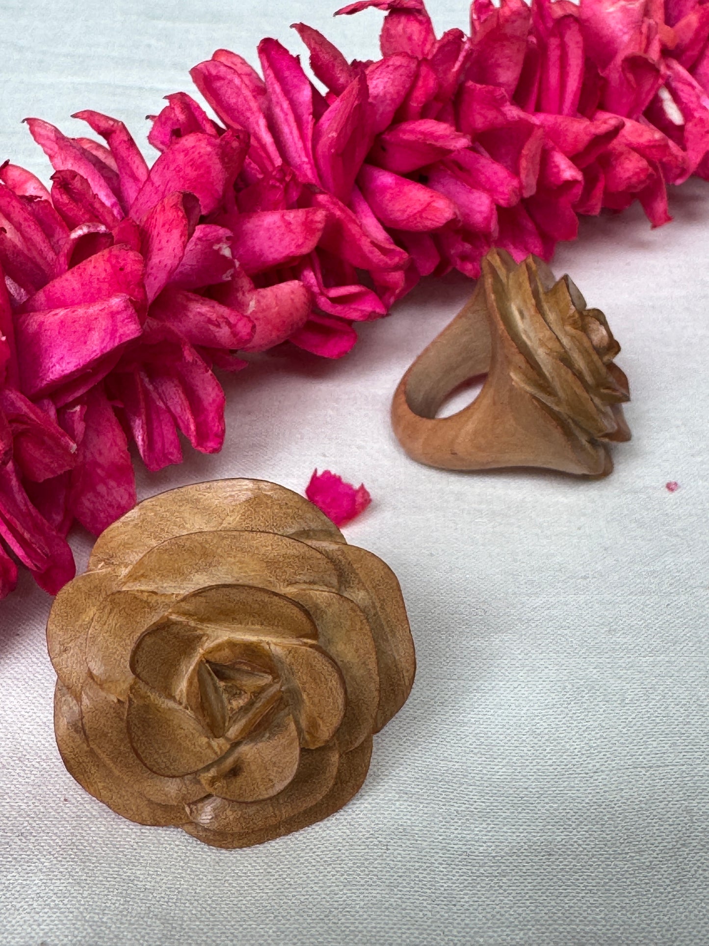 Rose hand carved finger ring in yellow wood - color options available