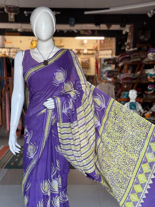 Violet peacock feather design Batik soft cotton saree