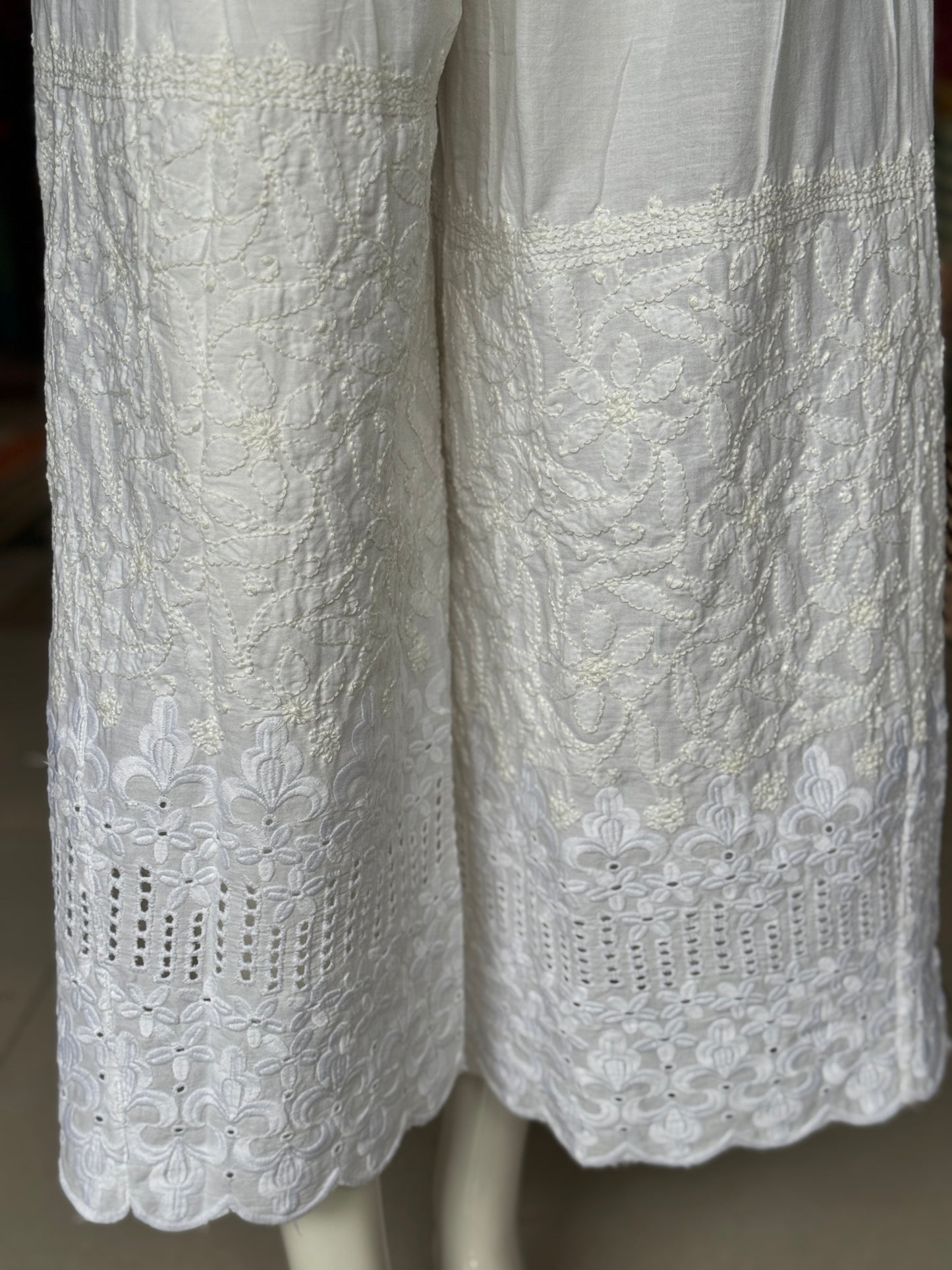 Chikankari plazo pants in white cotton, scallop border - free size pants with hand embroidery