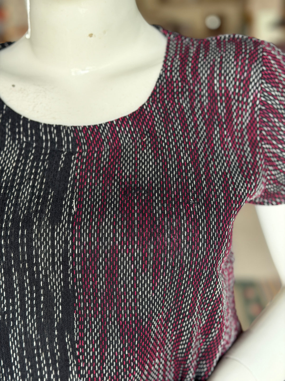 Maroon n black - hand spun, handwoven cotton top with woven thread kantha