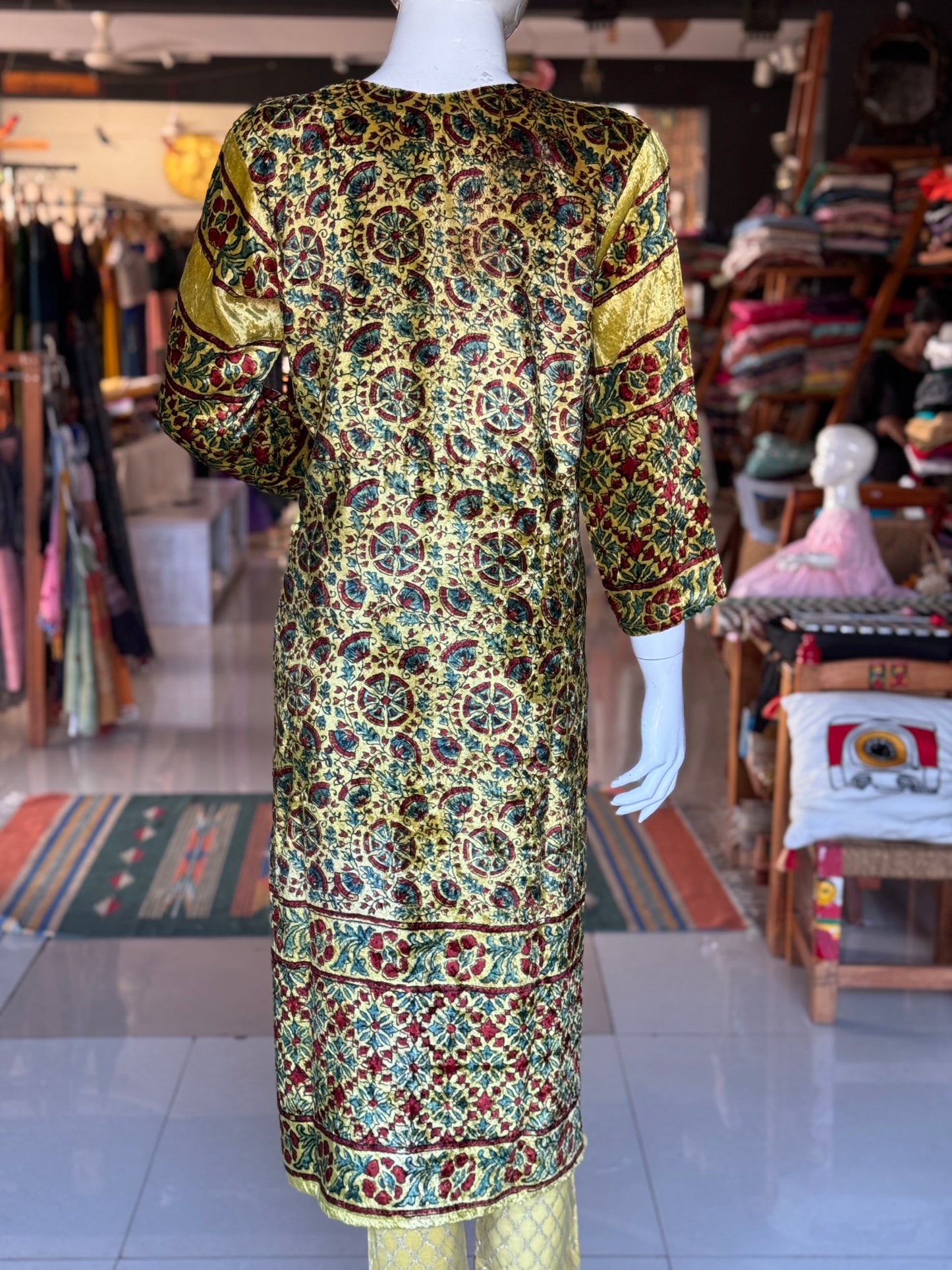 Yellow velvet straight kurti with Ajrakh hand block prints and long sleeves