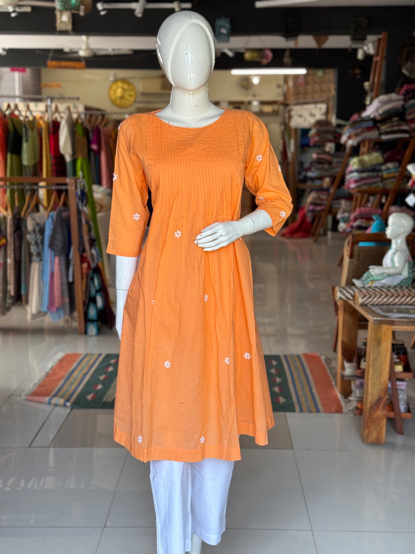 Kanakambar orange hand embroidered pintucks cotton kurta with white pants - 2 piece set