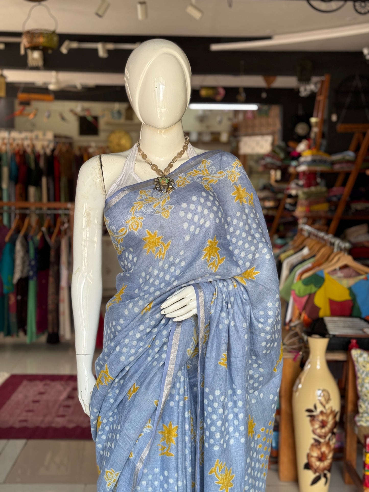 Pastel blue dots n flowers hand block printed linen saree