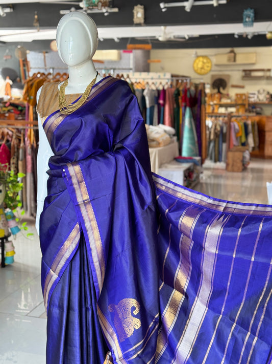 MS blue pure silk handloom Kumbakonam pattu saree with paisley corner motif and stripes border