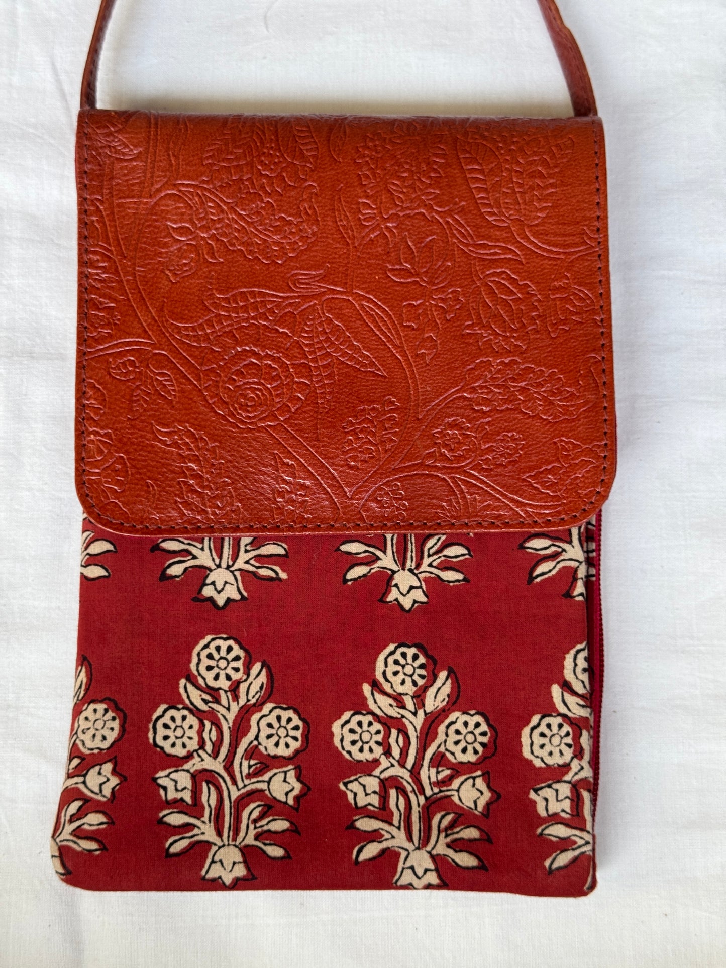 Mobile phone fabric sling with embossed leather flap - carry your essentials