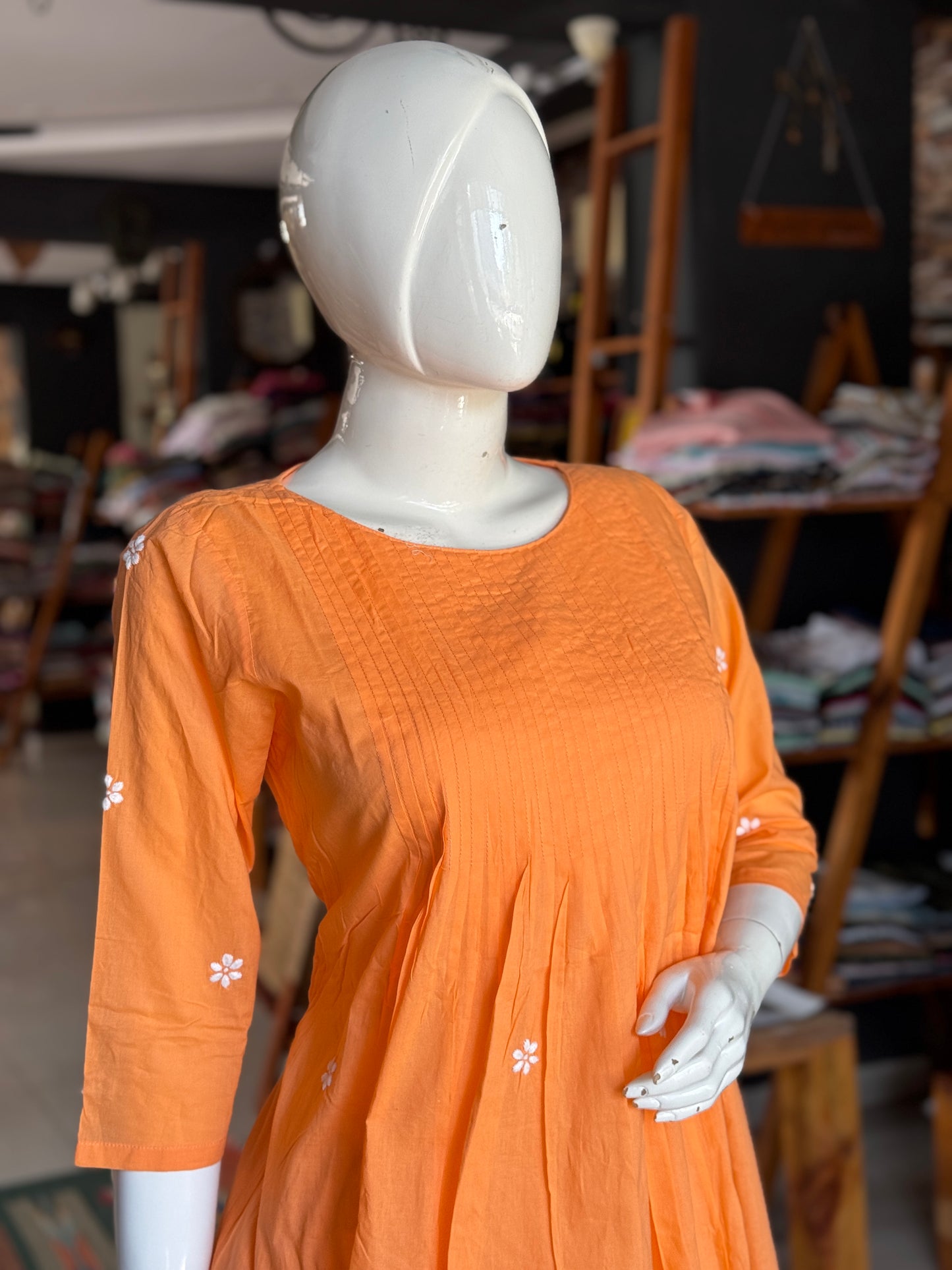 Kanakambar orange hand embroidered pintucks cotton kurta with white pants - 2 piece set