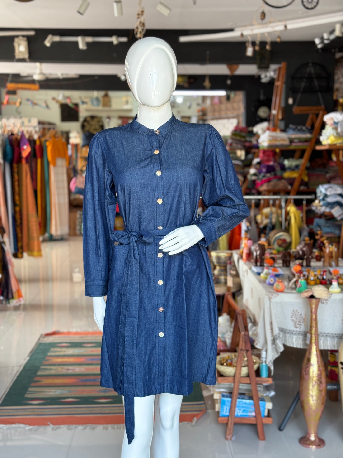 Blue denim shirt dress with belt