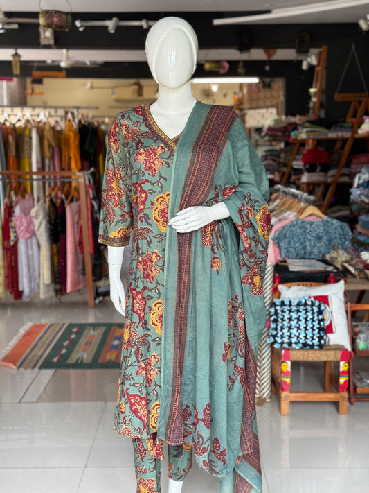 Teal green angrakha floral cotton embroidered straight kurti, pants and dupatta - 3 piece suit set