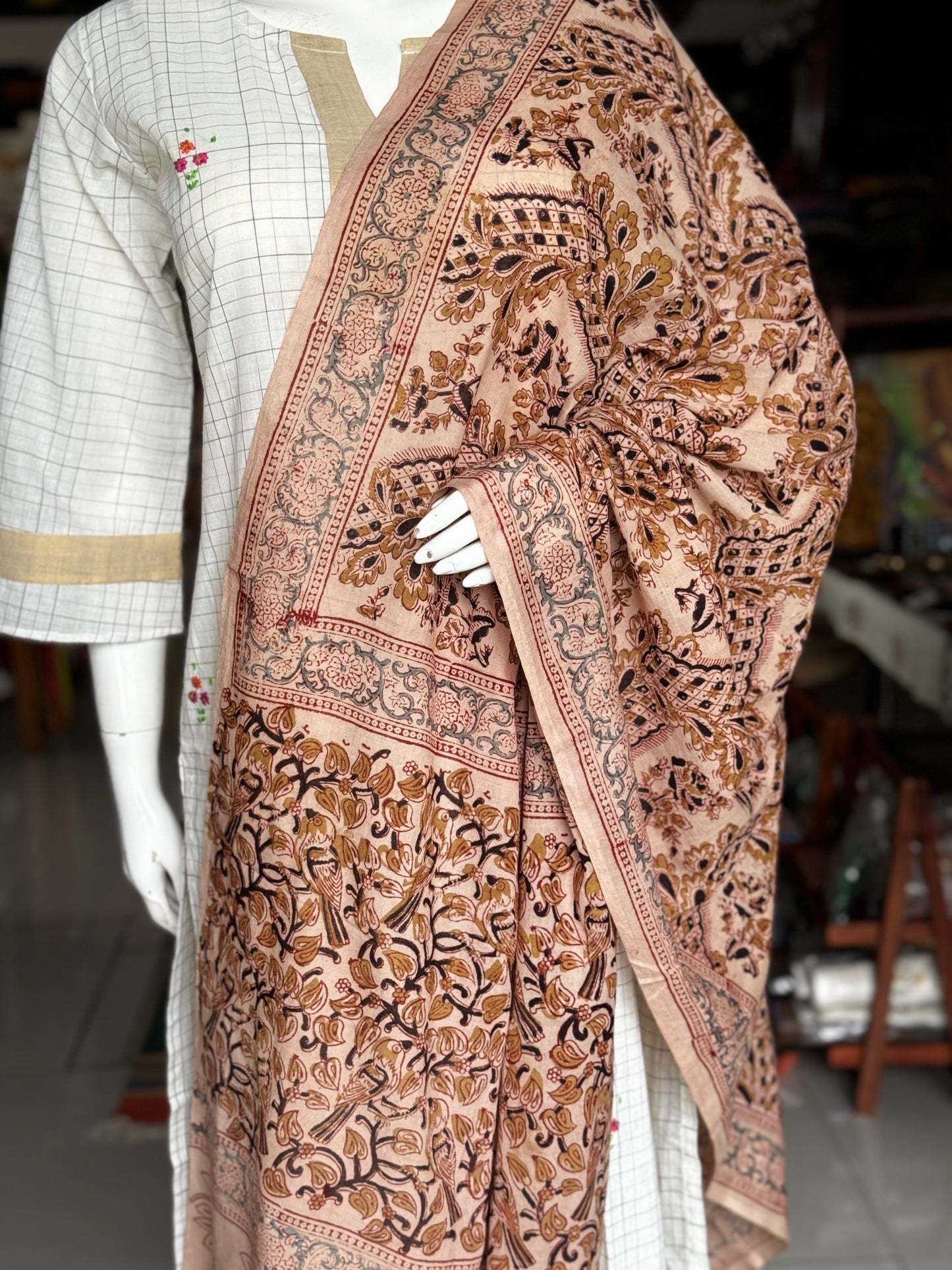 Cotton kalamkari handblock printed dupatta with natural dyes - birds and flowers print