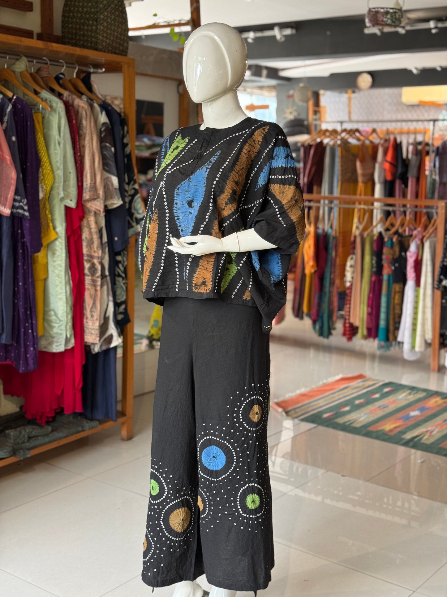 Black placement bandini cotton wrap pants with hand tie n dye design - free size