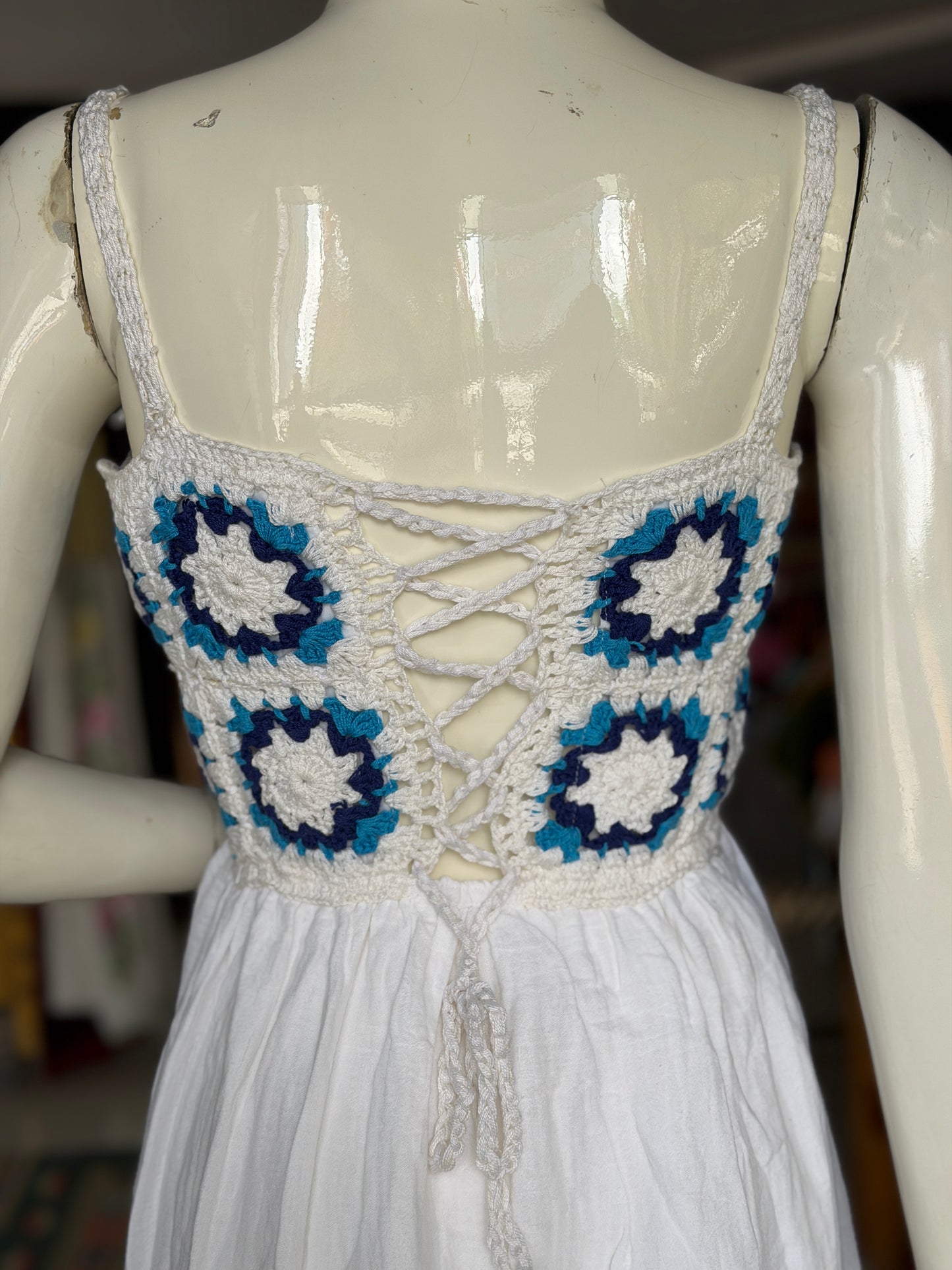 White crochet frock with granny squares yoke for teen girls / adults - adjustable back