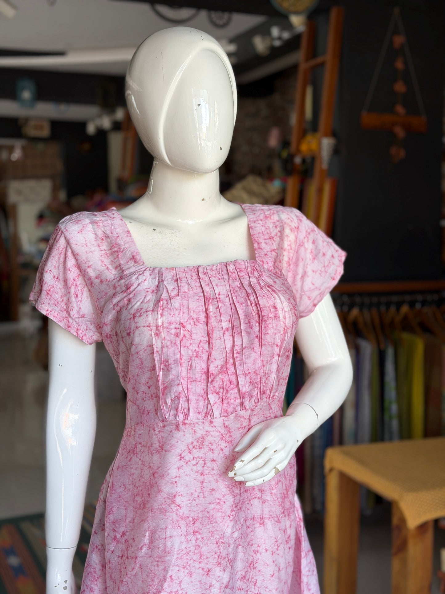 Pink batik dress with square neckline and gathered bust