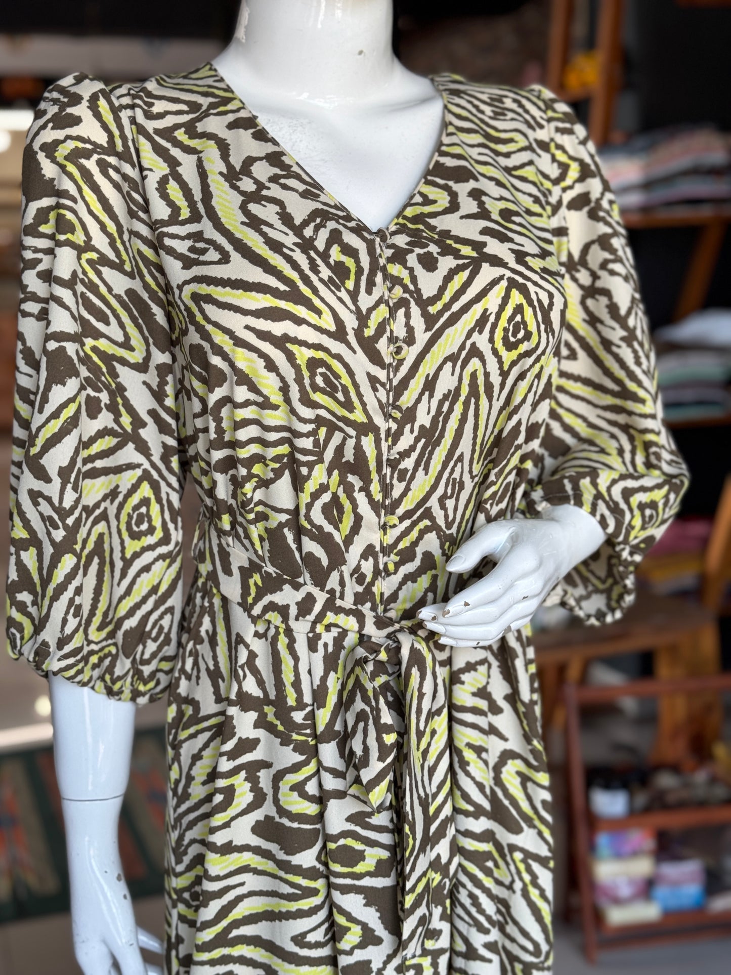 Moss Georgette grey green animal print dress with belt