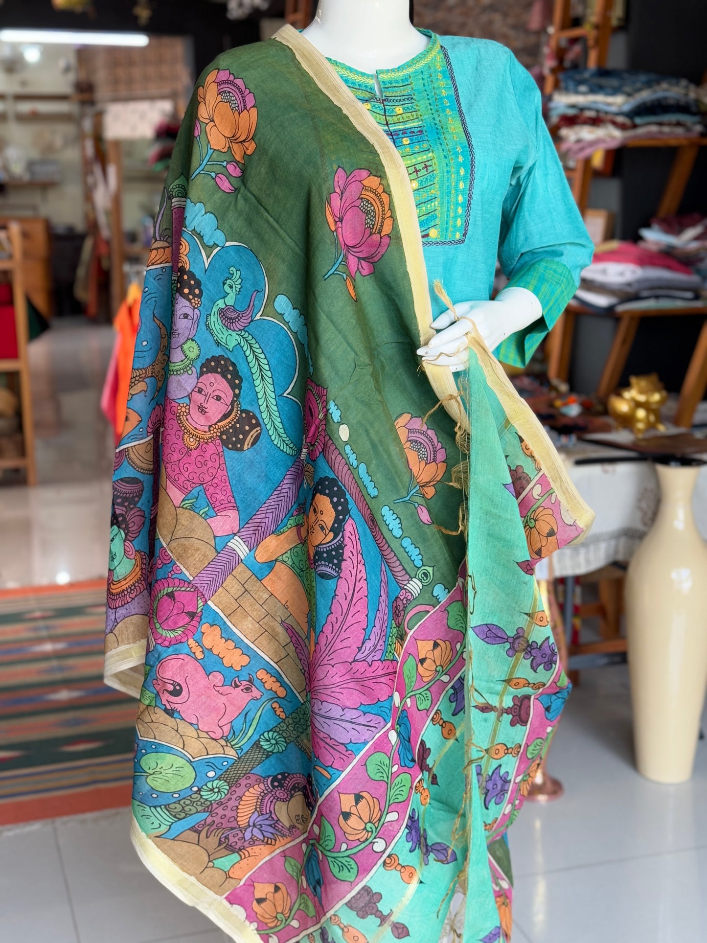 Silk cotton Chanderi hand painted pen Kalamkari dupatta