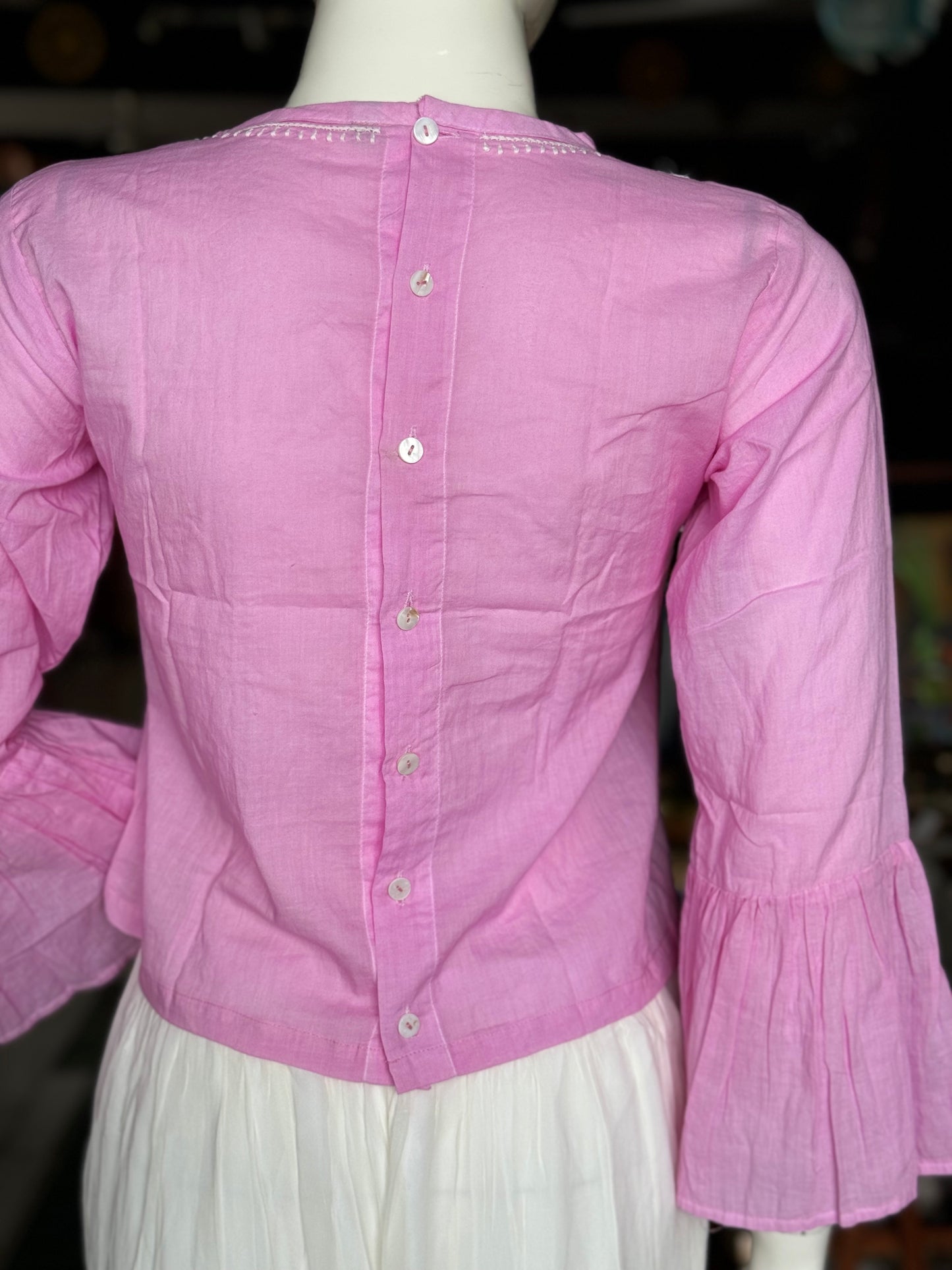 Pink cotton chikankari hand embroidered crop top with flared sleeves