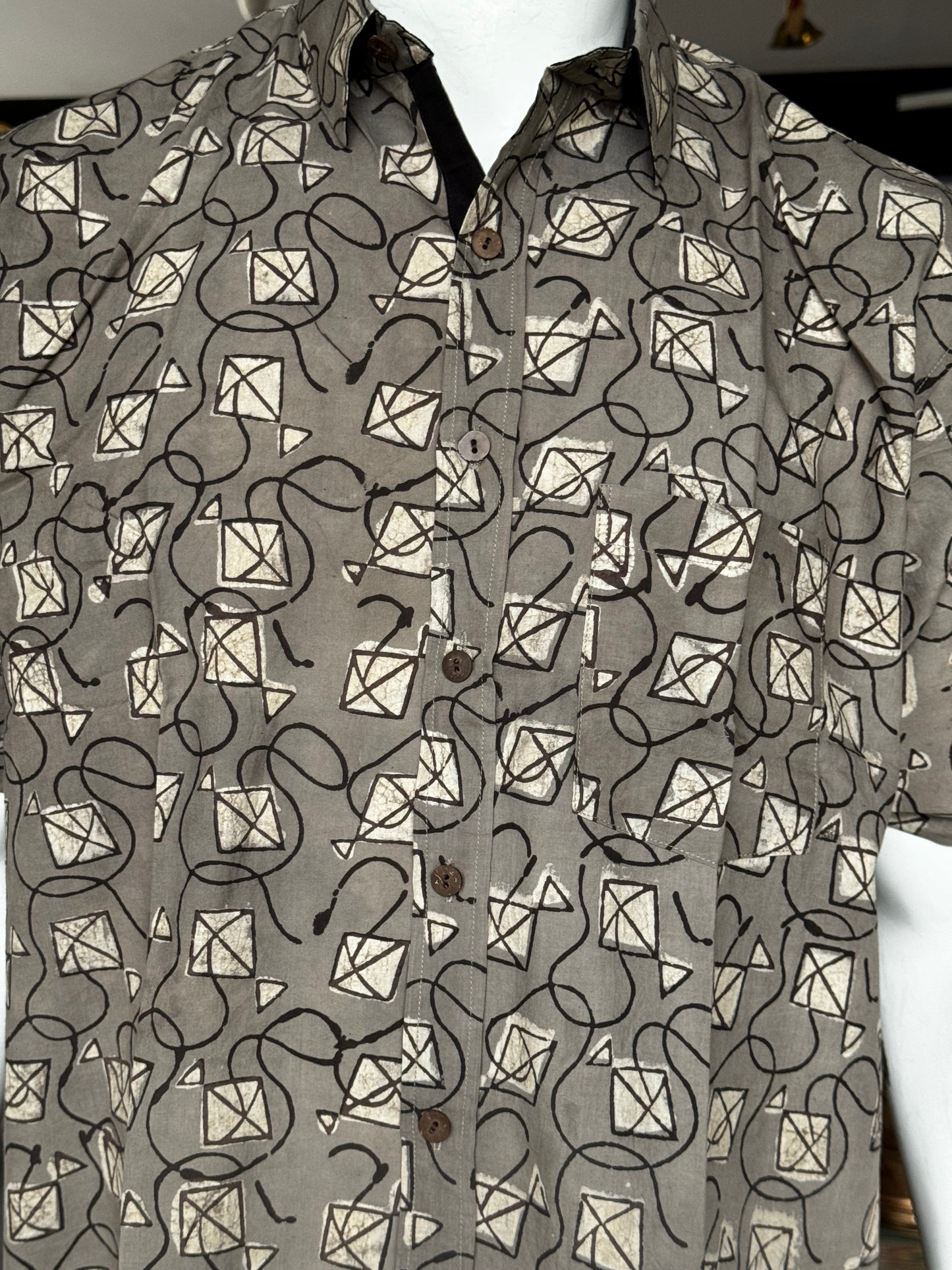 Grey kites print half sleeves mens natural dye, hand block printed cotton shirt