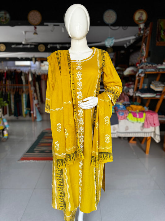 Mustard yellow placement hand block print cotton straight Kurti, pants and dupatta set - with hand work on yoke