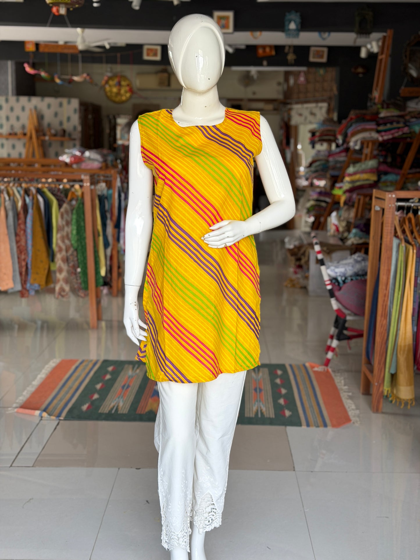 Yellow screen printed leheriya design cotton short kurti