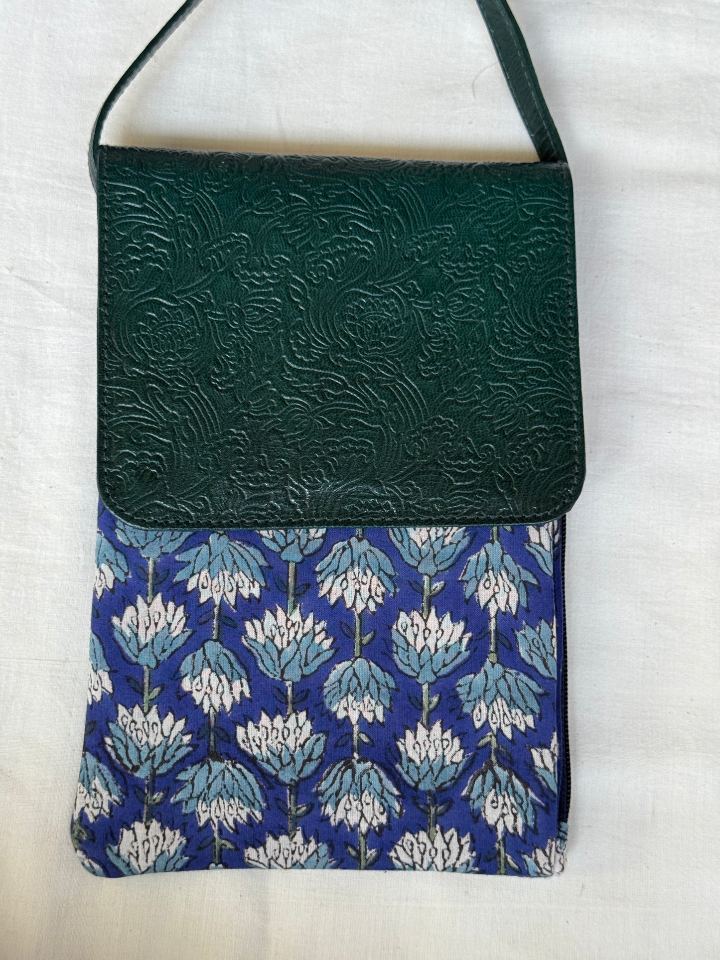 Mobile phone fabric sling with embossed leather flap - carry your essentials