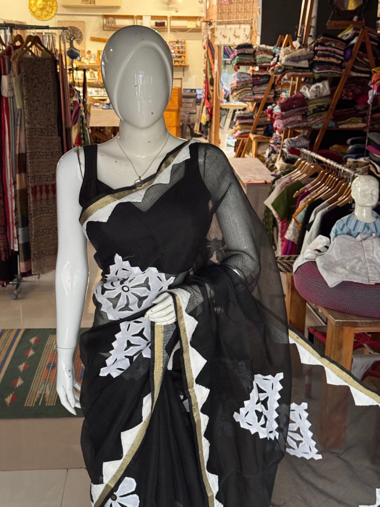 Black soft kota cotton saree with white flowers Applique patches