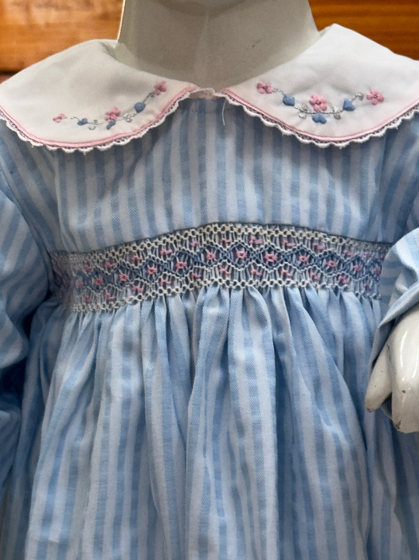 Blue stripes Peter Pan collared smocking cotton baby frock with cute embroidery