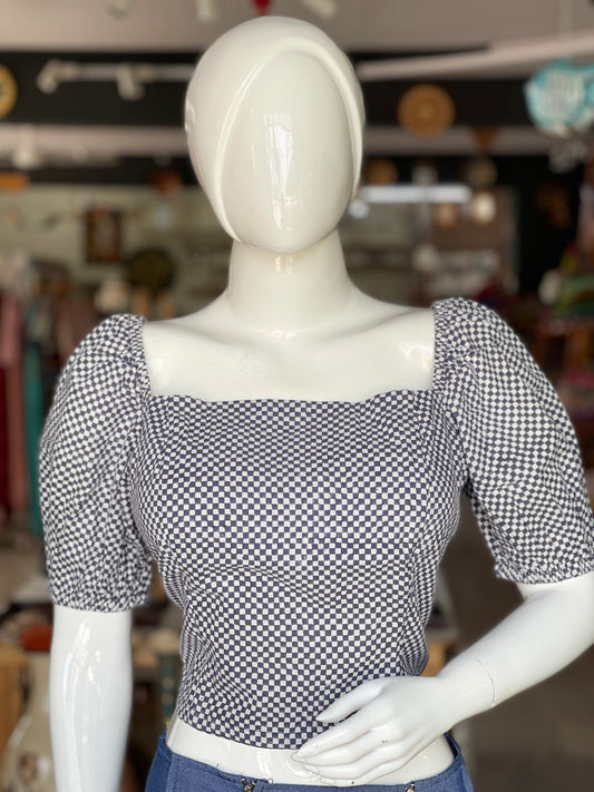 White and blue hand block printed checkered cotton top wide square neck